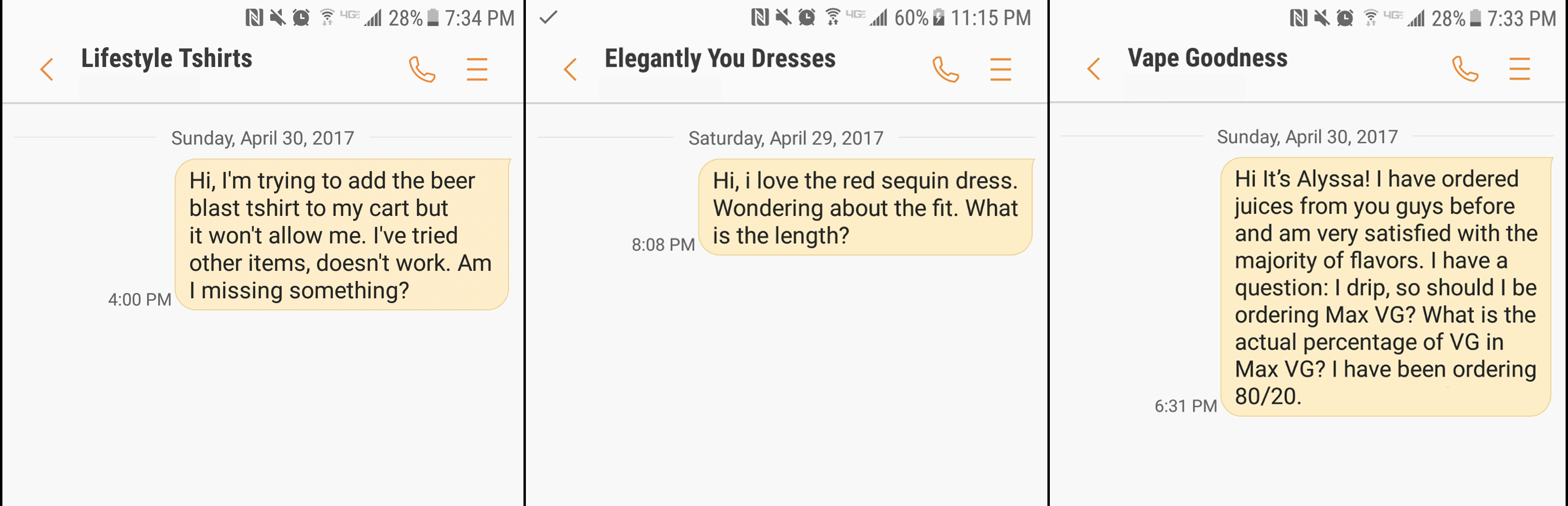 Three text conversations from Shopify ecommerce stores