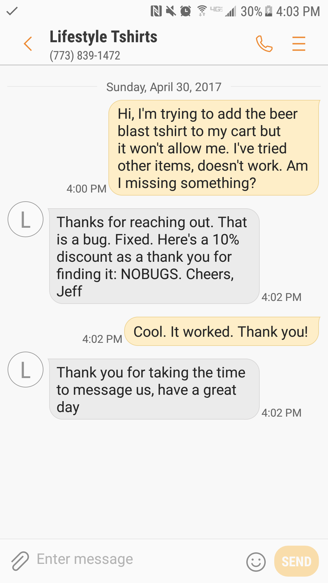 Conversation with Shopify store that reported a bug