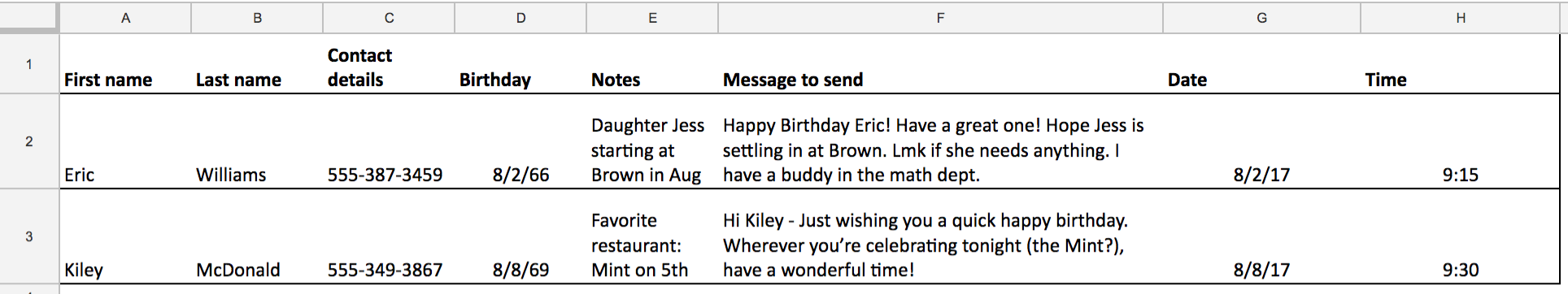 Excel text birthday messages